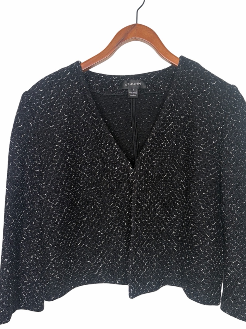 St John Jacket Coat  Size 12 Black Tweed Knit Swing Coat Made USA Wool/Cotton Bl